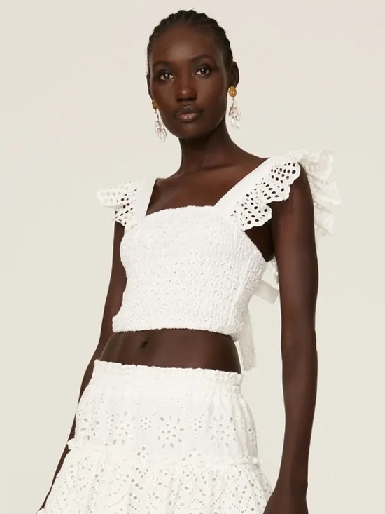 Misa Los Angeles Tops - Misa Los Angeles Abelia Top White Smocked Eyelet Flutter Sleeve Crop Top Size S